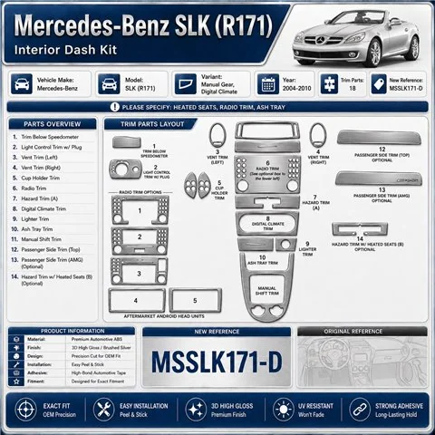 Mercedes-Benz SLK (R171) 2004–2010 3D sada dekorov interiéru palubnej dosky 18-dielna