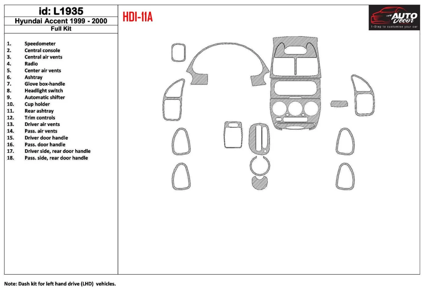 Kompletná súprava Hyundai Accent 2000-2000, súprava 18 dielov Interiér BD Súprava obloženia palubnej dosky - 1