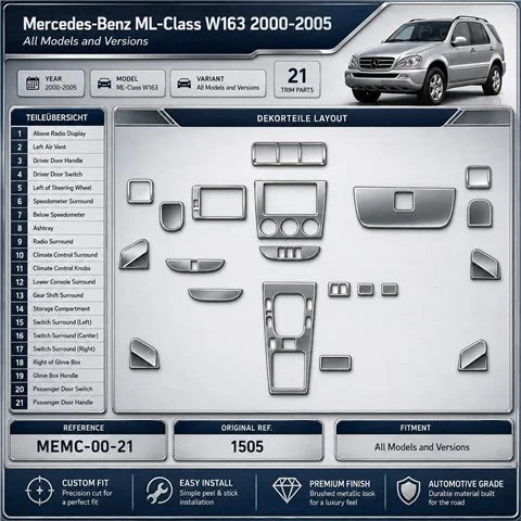 Mercedes-Benz ML-Class W163 od 2000 3D sada dekorov interiéru palubnej dosky 21-dielna