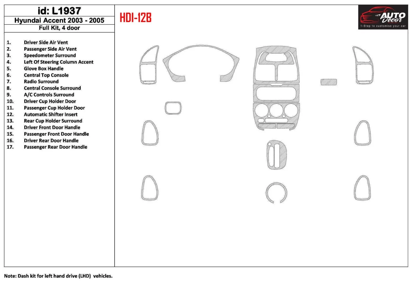 Kompletná súprava Hyundai Accent 2003-2005, sada 15 dielov Interiér BD Súprava obloženia palubnej dosky - 1