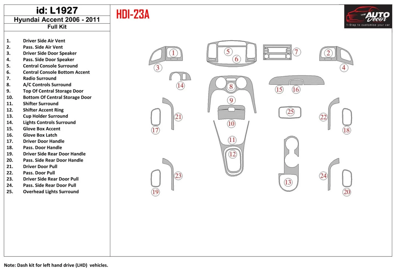 Hyundai Accent 2006-2011 Kompletná súprava interiéru BD Dash Trim Kit - 1