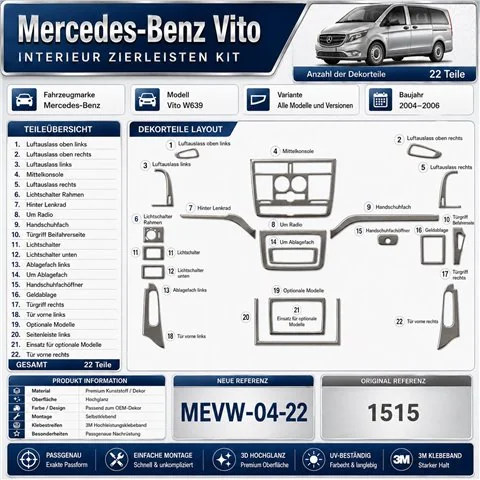 Mercedes-Benz Vito W639 2004–2006 3D sada dekorov interiéru palubnej dosky 22-dielna 2