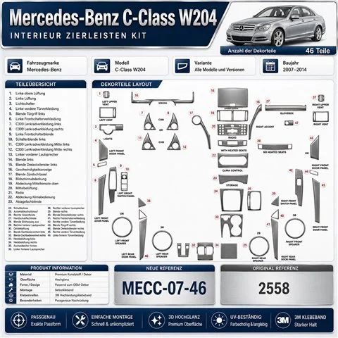 Mercedes C-Class W204 2007-2014 3D dekor palubnej dosky, 46 dielov 2