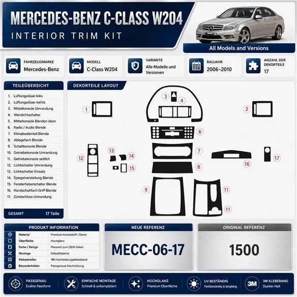Mercedes-Benz C-Class W204 od 2006 3D sada dekorov interiéru palubnej dosky 17-dielna