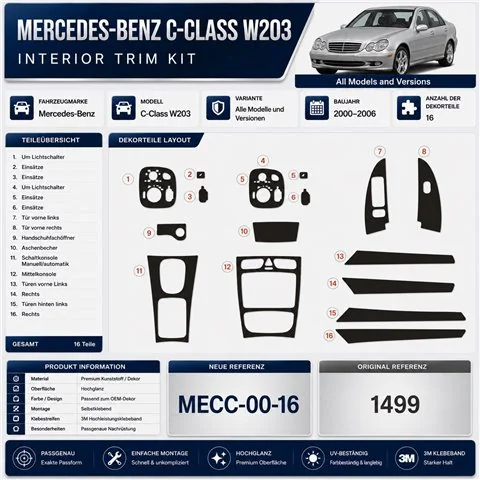 Mercedes C-Class W203 2000-2006 3D dekor palubnej dosky, 16 dielov 2