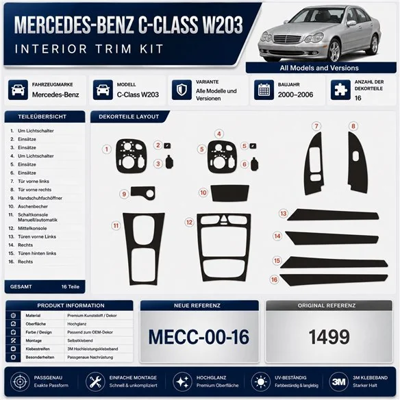 Mercedes-Benz C-Class W203 2000–2006 3D sada dekorov interiéru palubnej dosky 16-dielna