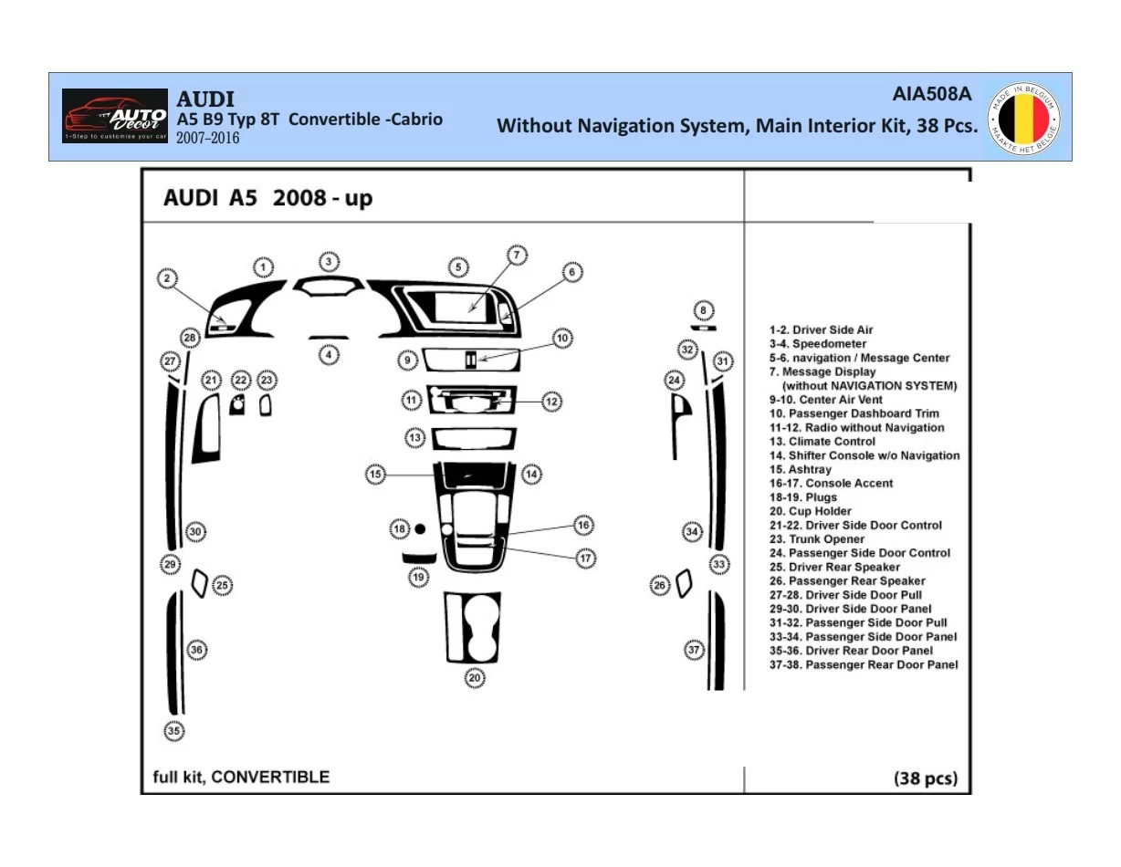 Audi A5 2008-2014 Hatchback 3D Súprava obloženia palubnej dosky interiéru Dekorácia palubnej dosky 42 dielov - 1