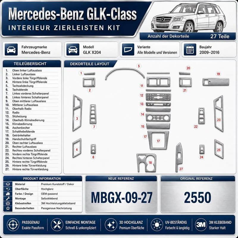 Mercedes-Benz GLK X204 2009–2016 3D sada dekorov interiéru palubnej dosky 27-dielna