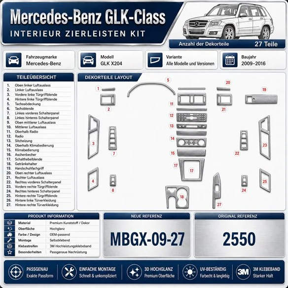 Mercedes-Benz GLK X204 2009–2016 3D sada dekorov interiéru palubnej dosky 27-dielna