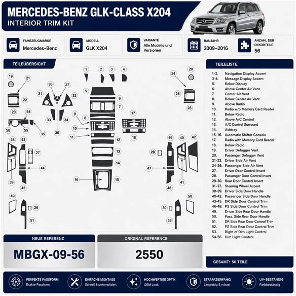 Mercedes-Benz GLK X204 2009–2016 3D sada dekorov interiéru palubnej dosky 56-dielna