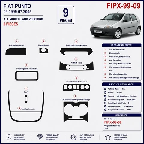 Fiat Punto 1999-2005 3D dekor palubnej dosky, 9 dielov 2
