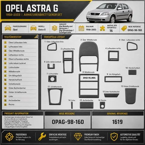 Opel Astra G 1998–2003 DIGI 3D sada dekorov interiéru palubnej dosky 16-dielna