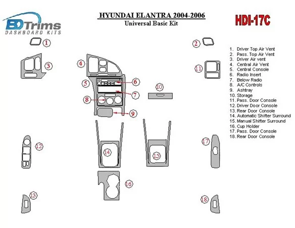 Hyundai Elantra 2004-2006 Univerzálna základná súprava interiéru BD Dash Trim Kit - 1