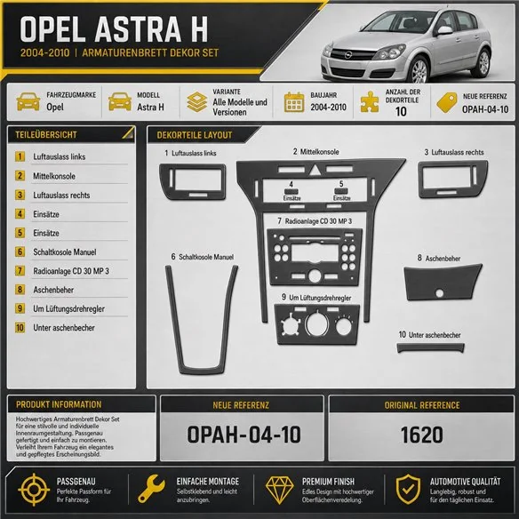 Opel Astra H 2004–2010 3D sada dekorov interiéru palubnej dosky 10-dielna