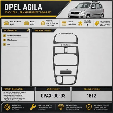 Opel Agila 2000–2003 3D sada dekorov interiéru palubnej dosky 3-dielna