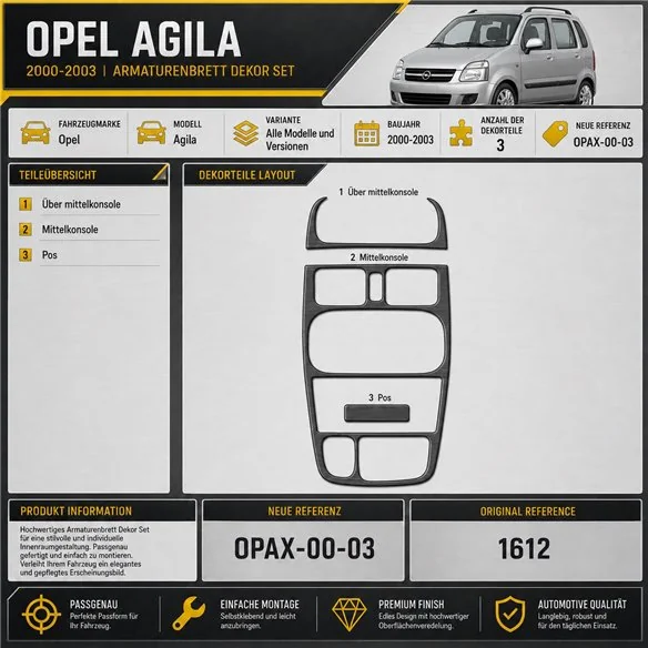 Opel Agila 2000–2003 3D sada dekorov interiéru palubnej dosky 3-dielna