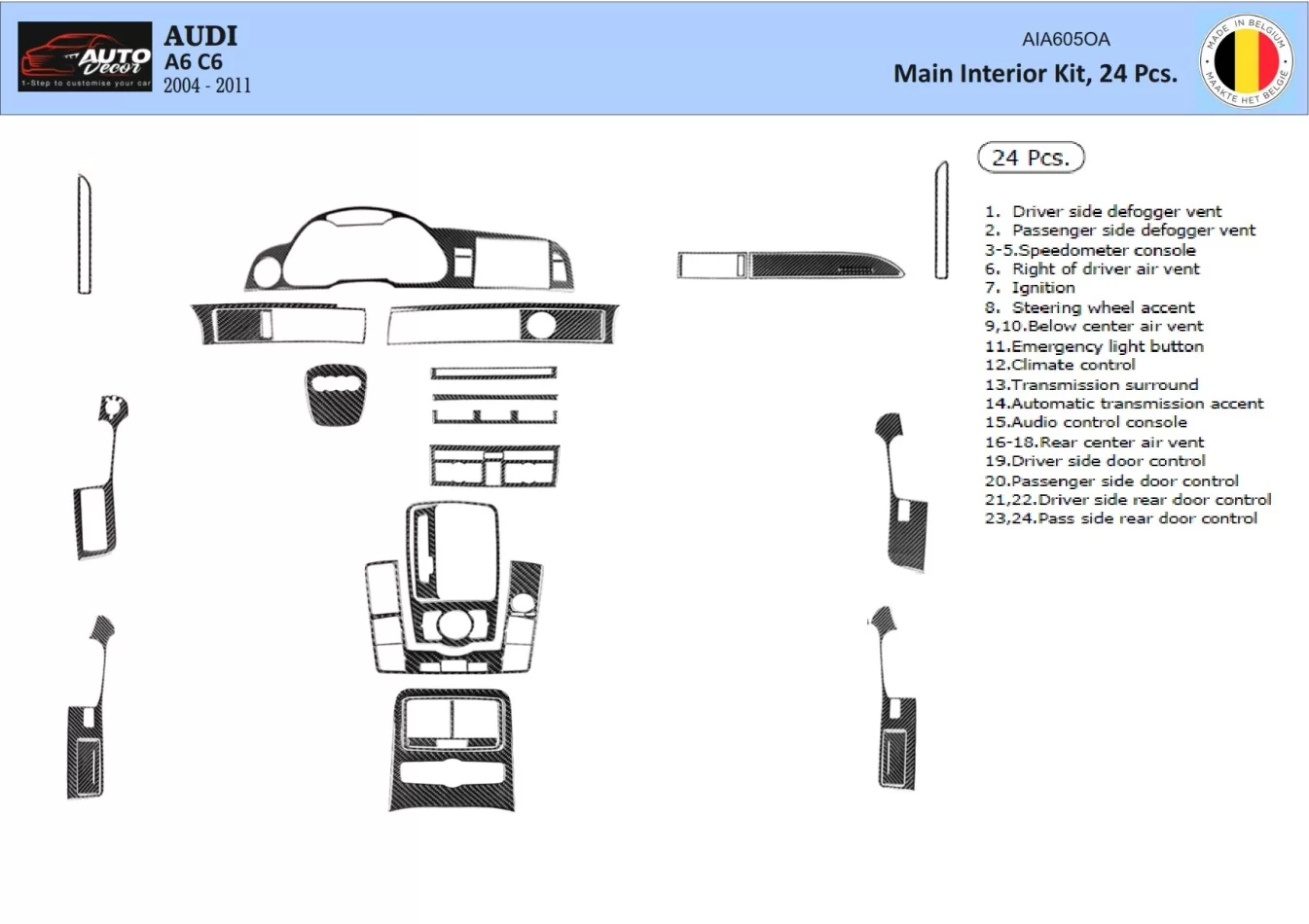 Audi A6 2005-2011 Súprava obloženia palubnej dosky 3D interiéru Dekorácia palubnej dosky 25 dielov - 1
