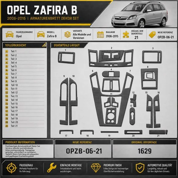 Opel Zafira B 2006–2015 3D sada dekorov interiéru palubnej dosky 21-dielna