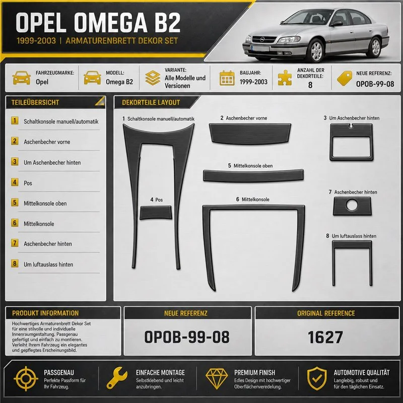 Opel Omega B2 1999–2003 3D sada dekorov interiéru palubnej dosky 8-dielna