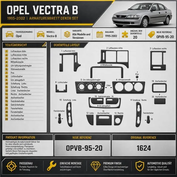 Opel Vectra B 1995–2002 3D sada dekorov interiéru palubnej dosky 20-dielna