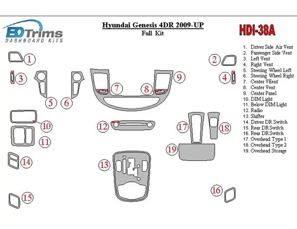 Súprava obloženia palubnej dosky Hyundai Genesis 4DR 2009-UP pre interiér BD - 1