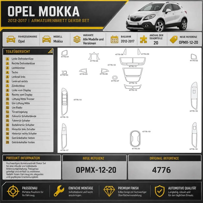 Opel Mokka 2012–2017 3D sada dekorov interiéru palubnej dosky 20-dielna