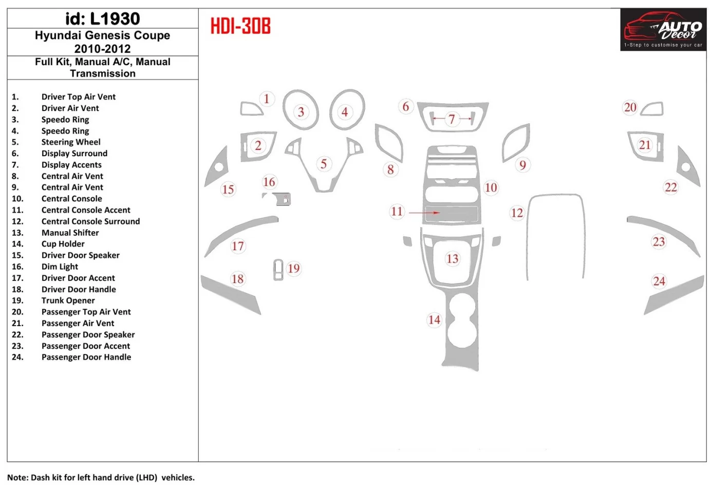 Kompletná sada Hyundai Genesis Coupe 2010-2012, manuálna prevodovka, manuálna prevodovka AC interiér BD Dash Trim Kit - 1