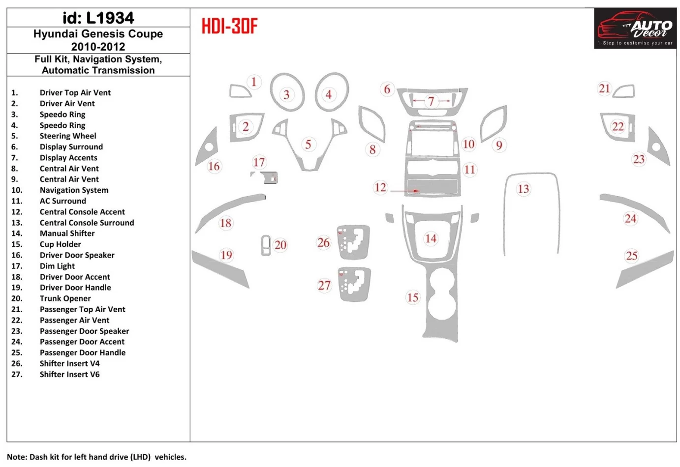 Kompletná súprava Hyundai Genesis Coupe 2010-2012, navigačný systém, interiér automatickej prevodovky BD Dash Trim Kit - 1