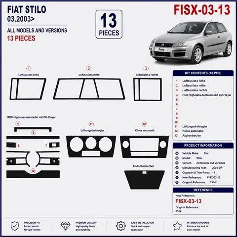 Fiat Stilo 2003+ 3D dekor palubnej dosky, 13 dielov 2