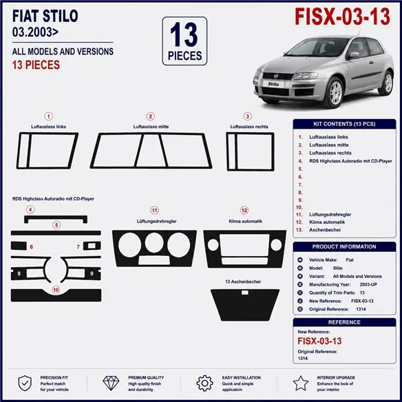 Fiat Stilo 2003+ 3D dekor palubnej dosky, 13 dielov