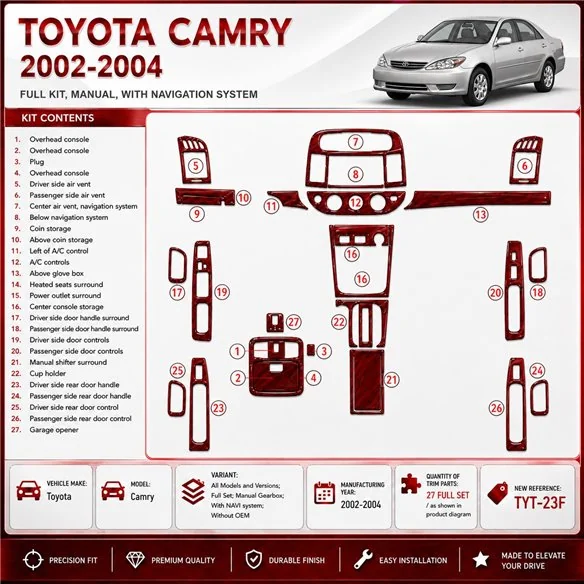 Toyota Camry 2002–2004 kompletná sada; Manual Gearbox; s navigáciou NAVI system; Without OEM 3D sada dekorov interiéru palubnej 