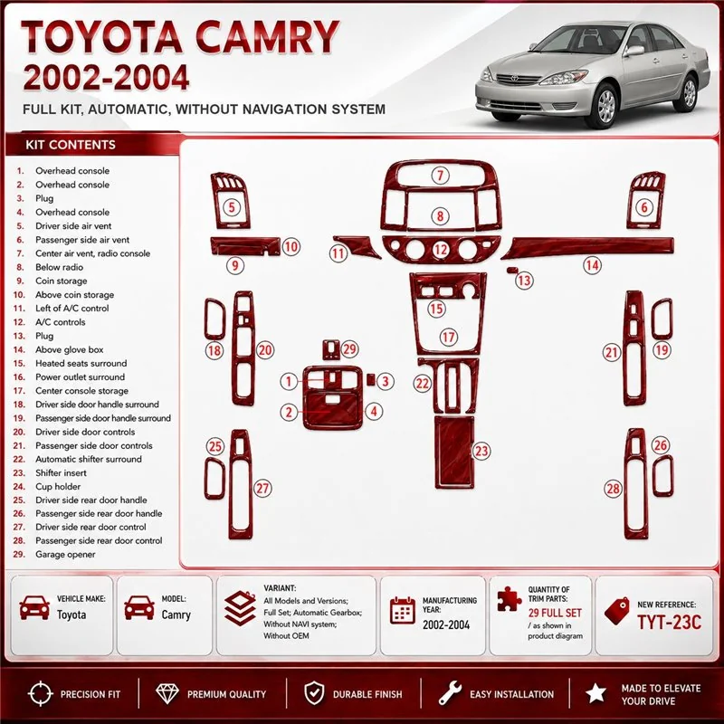 Toyota Camry 2002–2004 kompletná sada; Automatic Gearbox; bez navigácie NAVI system; Without OEM 3D sada dekorov interiéru palub