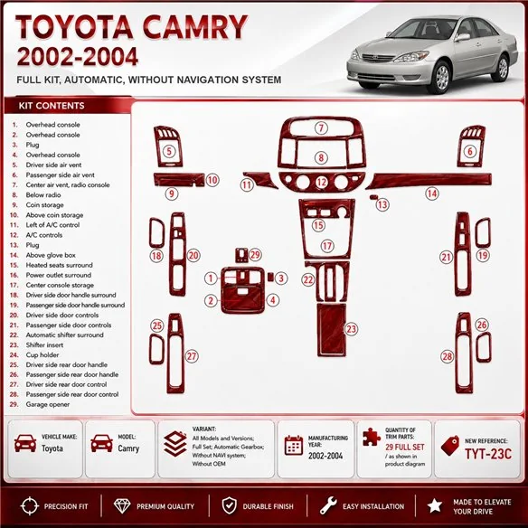 Toyota Camry 2002–2004 kompletná sada; Automatic Gearbox; bez navigácie NAVI system; Without OEM 3D sada dekorov interiéru palub