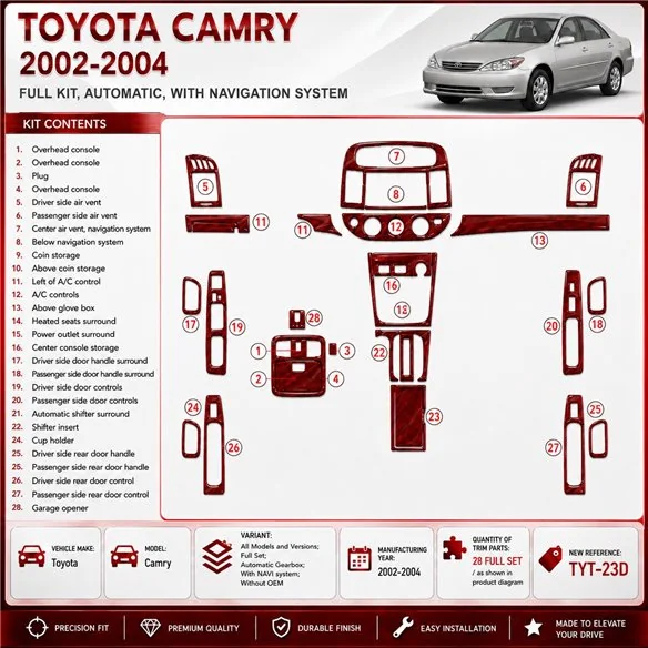 Toyota Camry 2002–2004 kompletná sada; Automatic Gearbox; s navigáciou NAVI system; Without OEM 3D sada dekorov interiéru palubn