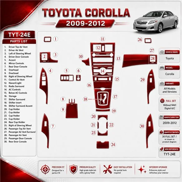 Toyota Corolla od 2009 kompletná sada; bez navigácie NAVI; Automatic AC 3D sada dekorov interiéru palubnej dosky kompletná sada 