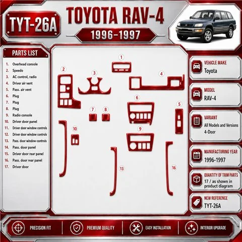 Toyota RAV-4 1996–1997 4-Door 3D sada dekorov interiéru palubnej dosky 17-dielna