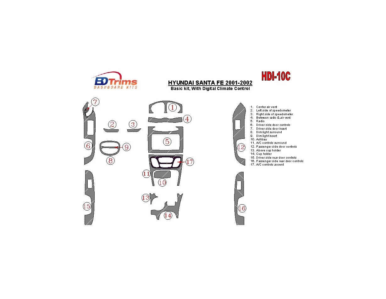 Základná súprava Hyundai Santa Fe 2001-2002, s automatickou klimatizáciou, súprava 17 dielov Interiér BD Dash Trim Kit - 1