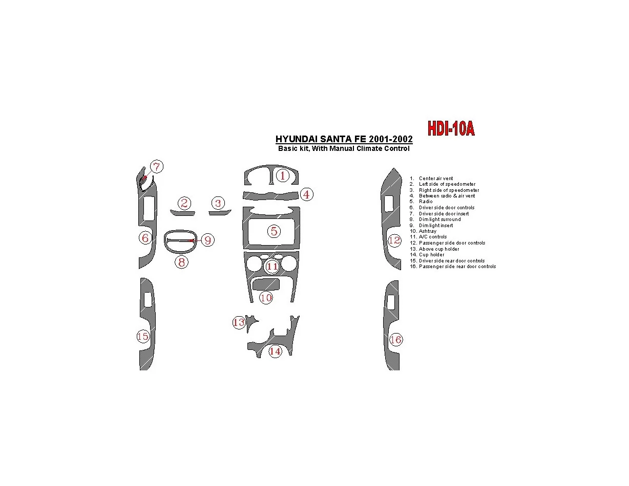 Hyundai Santa Fe 2001-2002 Základná sada, S manuálnou prevodovkou, Klimatizácia, Súprava 16 dielov Interiér BD Dash Trim Kit - 1