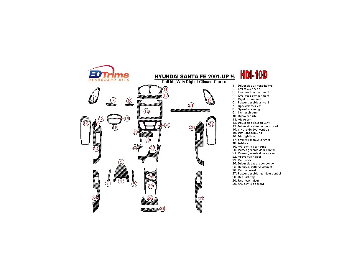 Kompletná sada Hyundai Santa Fe 2001-2002, s automatickou klimatizáciou, sada 30 dielov Interiér BD Dash Trim Kit - 1