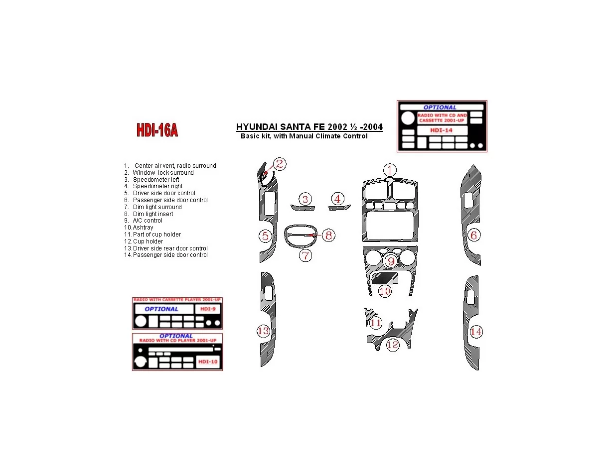 Základná sada Hyundai Santa Fe 2002-2004, s manuálnou prevodovkou, klimatizáciou, 15 dielov súprava interiéru BD Dash Trim Kit -