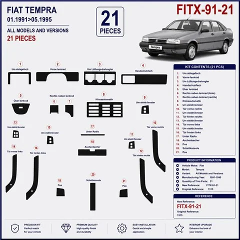 Fiat Tempra 1991-1995 3D dekor palubnej dosky, 21 dielov 2