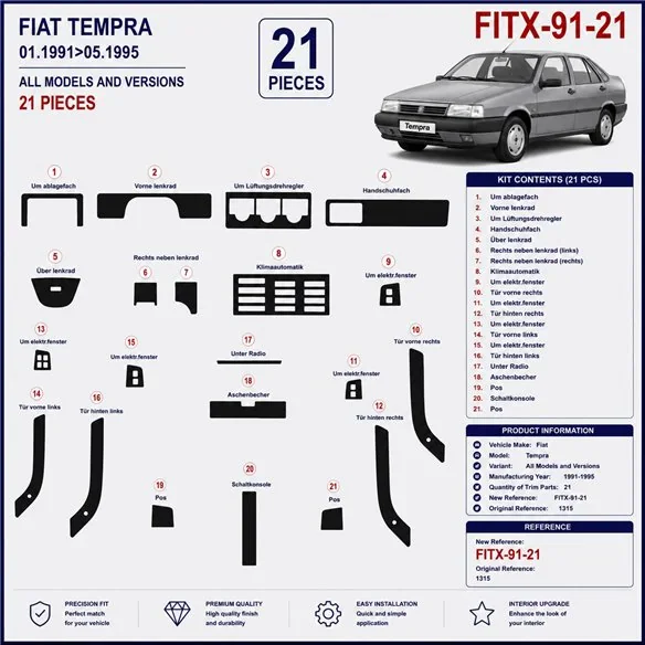 Fiat Tempra 1991-1995 3D dekor palubnej dosky, 21 dielov