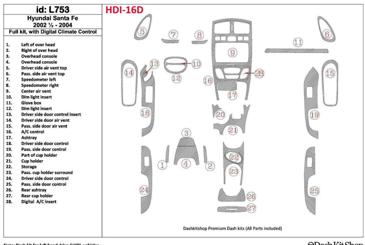 Kompletná sada Hyundai Santa Fe 2002-2004, s automatickou klimatizáciou, sada 29 dielov Interiér BD Dash Trim Kit - 1