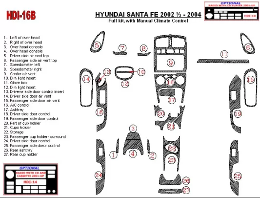 Hyundai Santa Fe 2002-2004 kompletná sada, s manuálnou prevodovkou klimatizácie, súprava 28 dielov Interiér BD Dash Trim Kit - 1