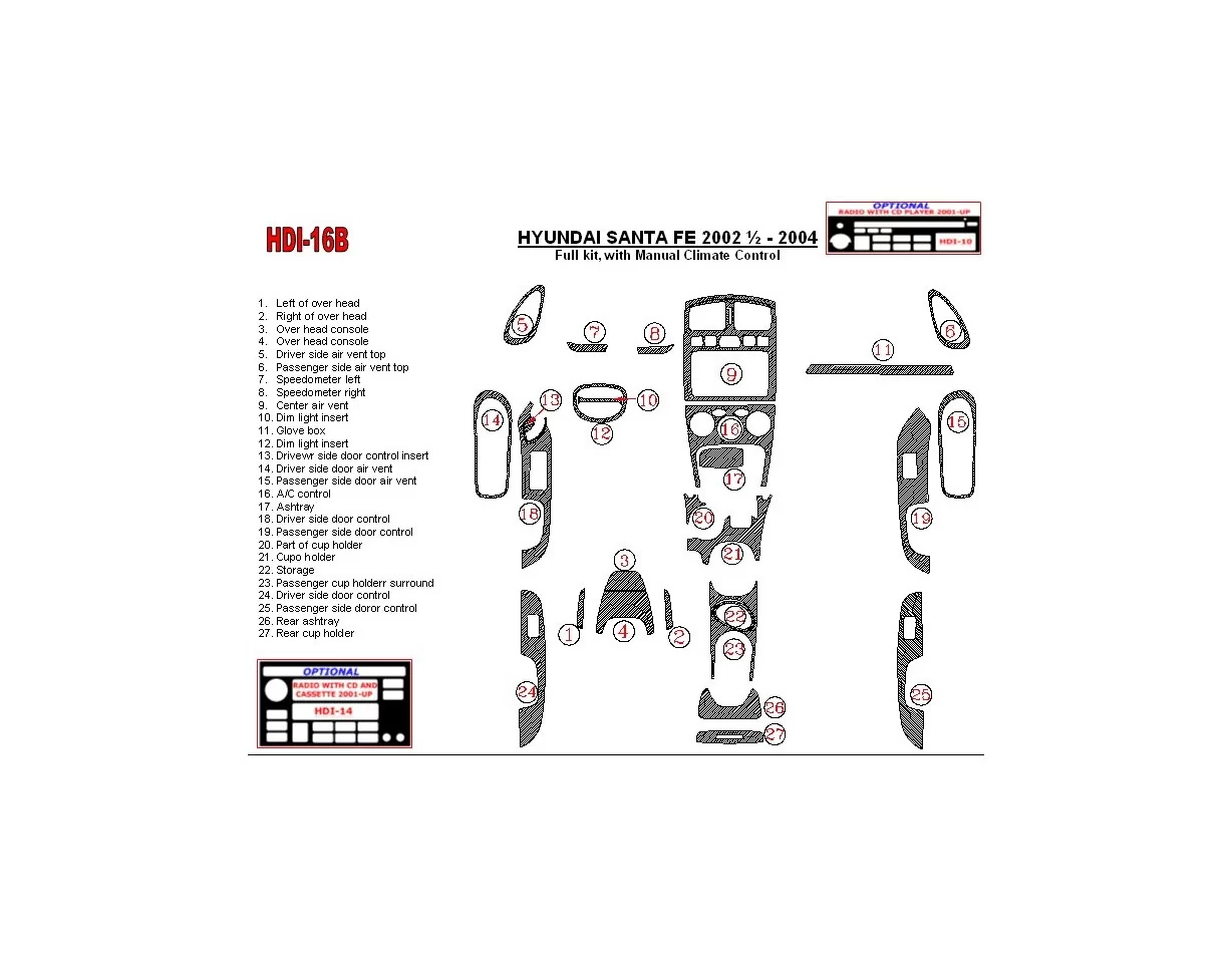 Hyundai Santa Fe 2002-2004 kompletná sada, s manuálnou prevodovkou klimatizácie, súprava 28 dielov Interiér BD Dash Trim Kit - 1