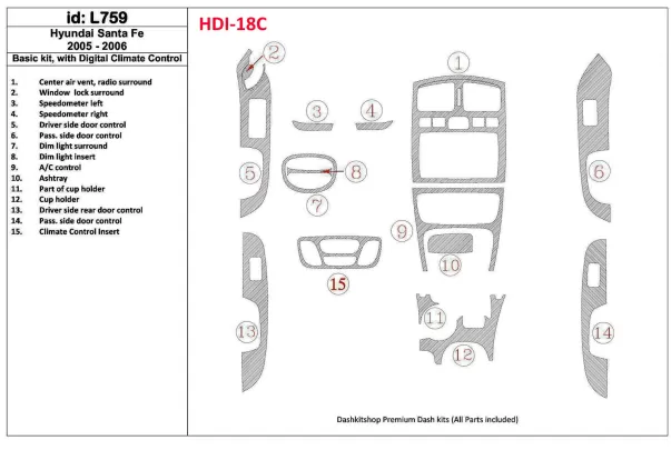 Základná sada Hyundai Santa Fe 2005-2006, s automatickou klimatizačnou súpravou interiéru BD Dash Trim Kit - 1 Základná sada Hyundai Santa Fe 2005-2006, s automatickou klimatizačnou súpravou interiéru BD Dash Trim Kit - 1