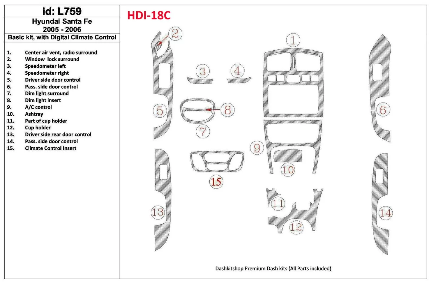 Základná sada Hyundai Santa Fe 2005-2006, s automatickou klimatizačnou súpravou interiéru BD Dash Trim Kit - 1