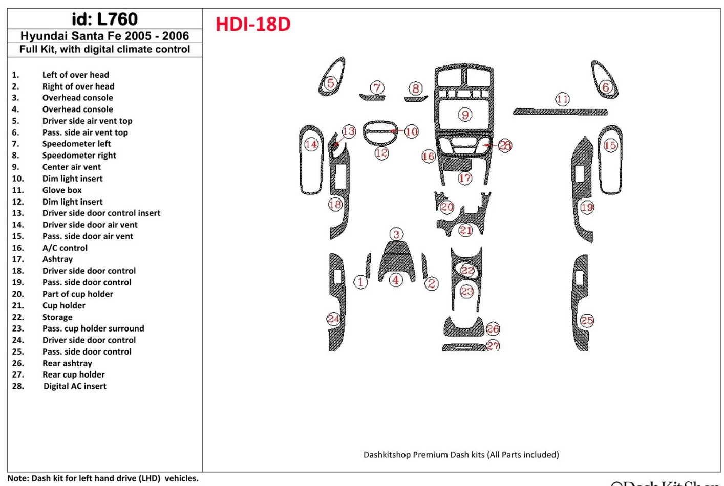 Kompletná súprava Hyundai Santa Fe 2005-2006, s klimatizačnou súpravou interiéru BD Dash Trim Kit - 1