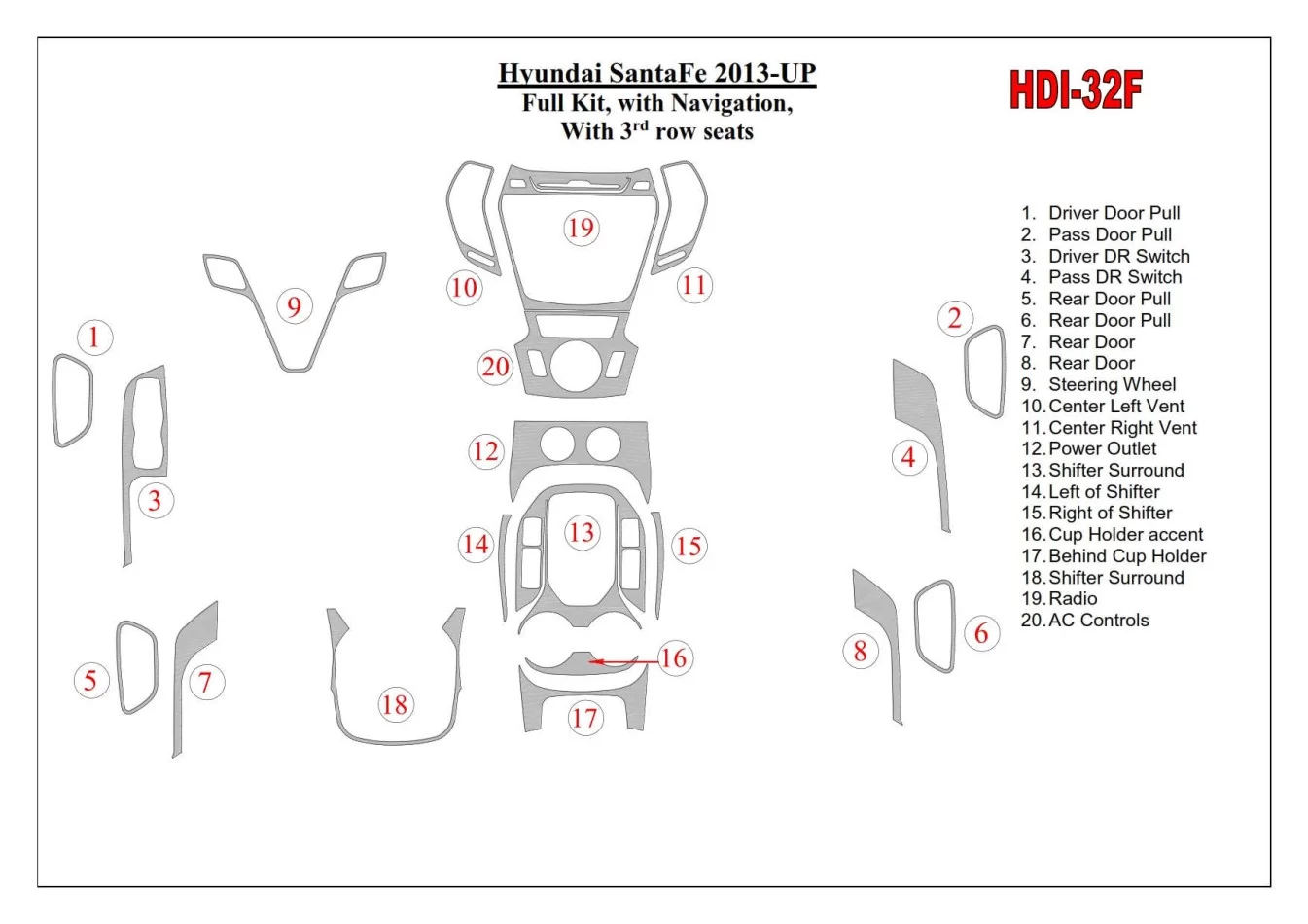 Kompletná sada Hyundai Santa Fe 2013-UP, s NAVI, s 3 radmi sedadiel Interiér BD Dash Trim Kit - 1