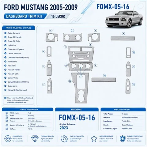 Ford Mustang 2005–2009 3D sada dekorov interiéru palubnej dosky 16-dielna